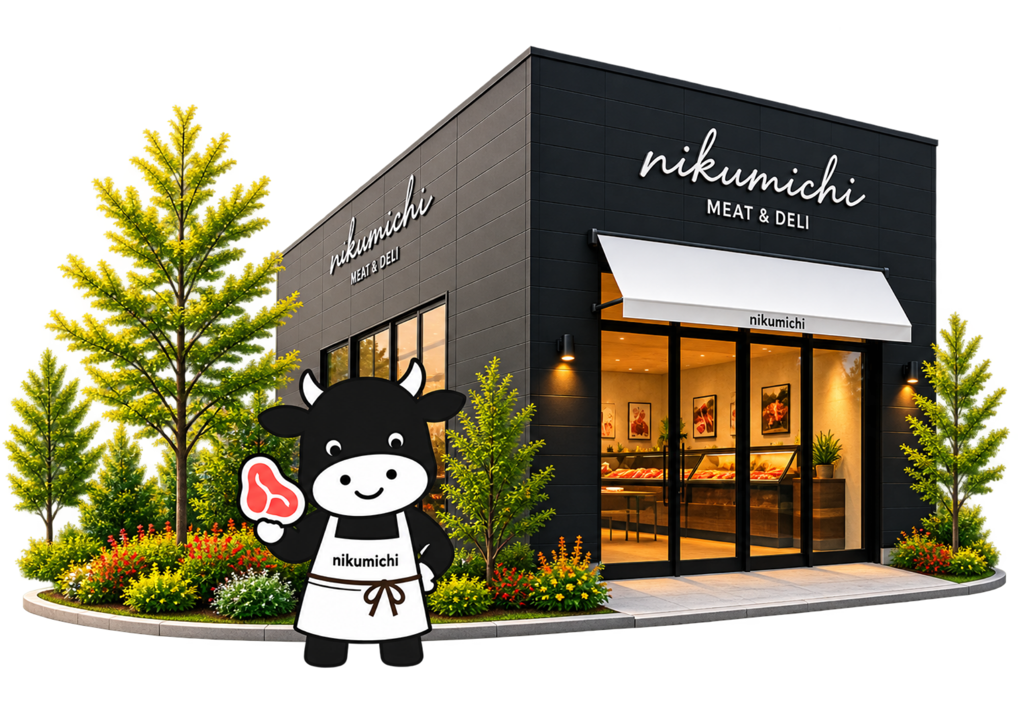 nikumichi荏原町店の外観と牛のキャラクター