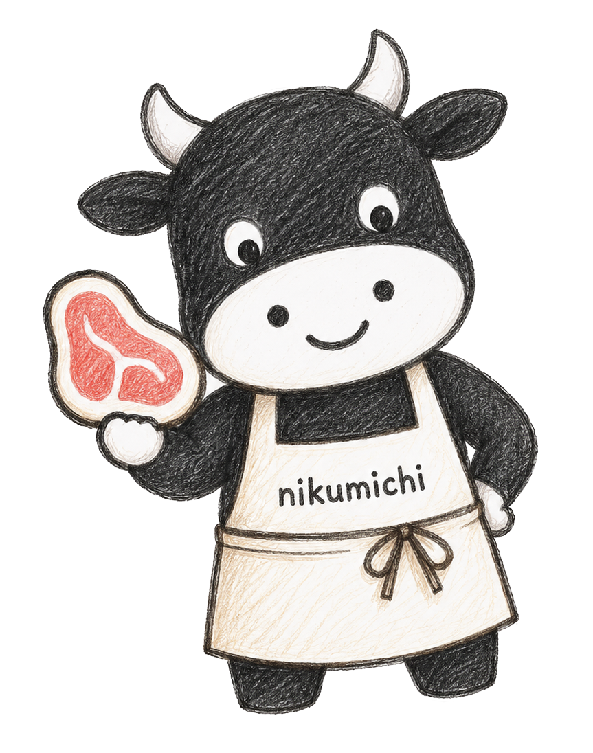お肉を持ったnikumichiの牛キャラクター